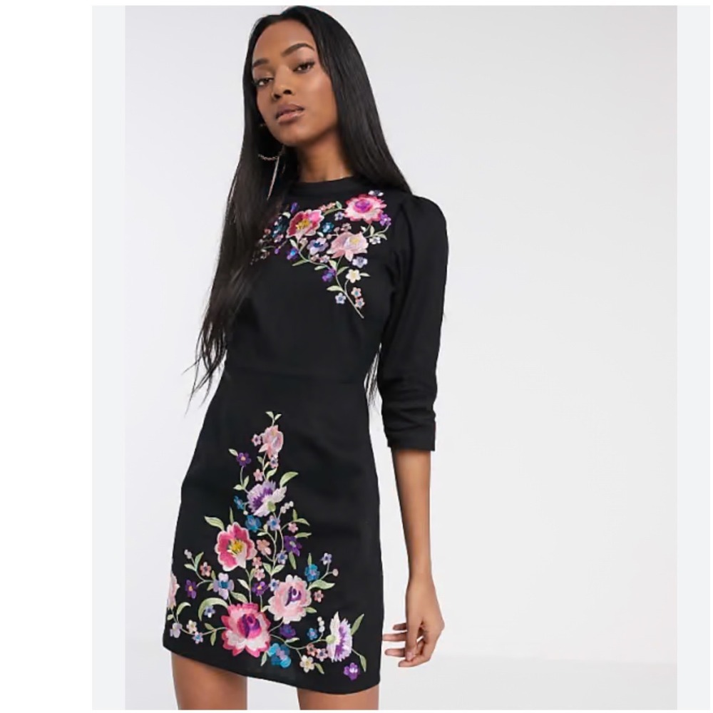 ASOS High Neck Embroidered Floral Mini Dress Black Open Back 3/4 Sleeve Size 8